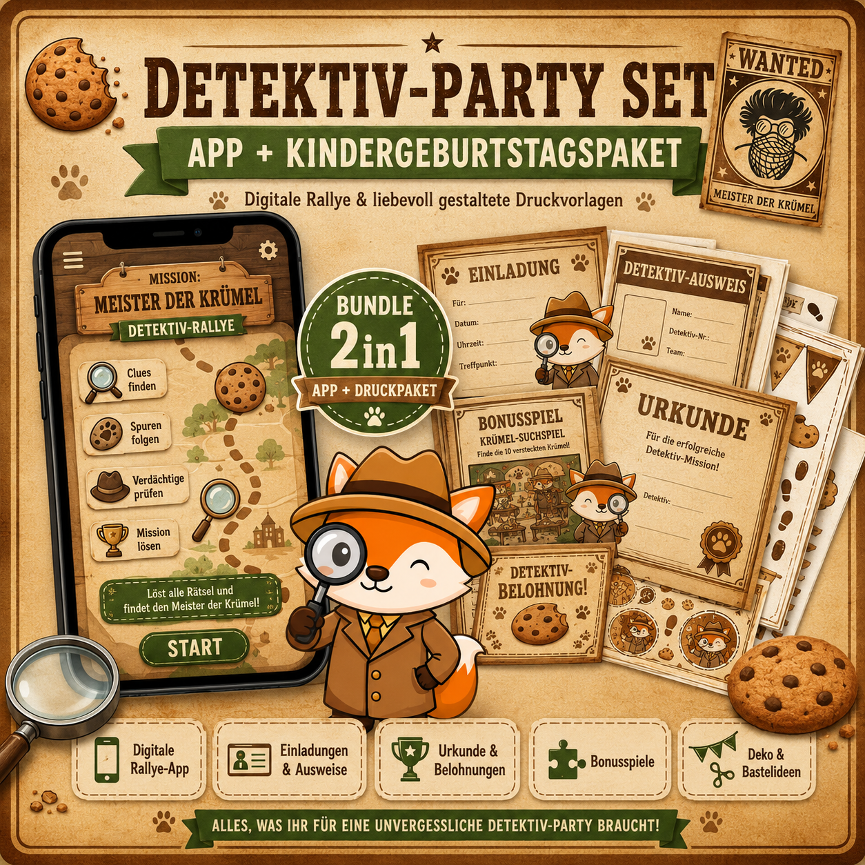 Detektiv-Party-Set mit App und Kindergeburtstagspaket